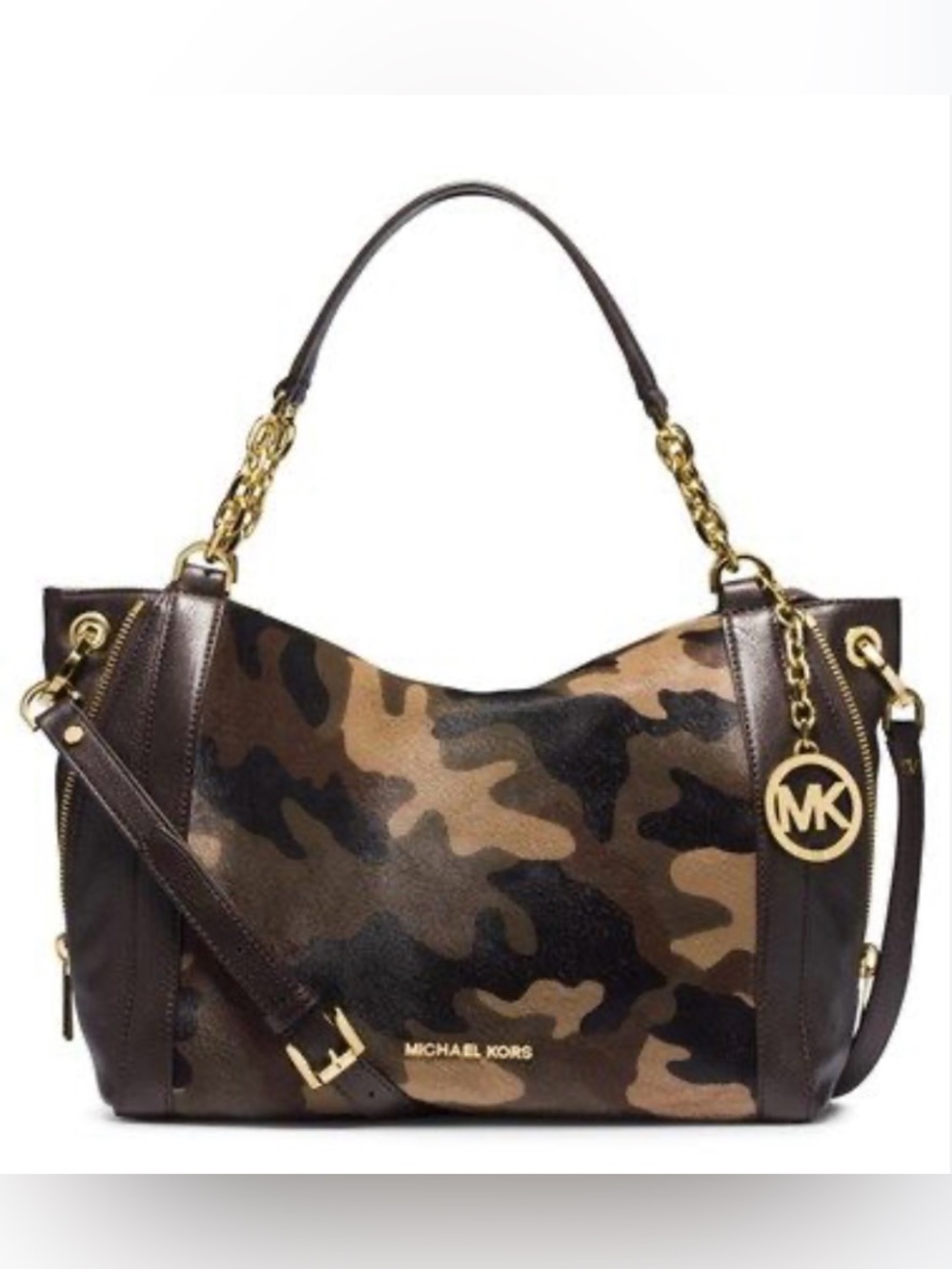 Michael Kors Santhrope Large Shoulder Tote Brown Camo Leather with Gold Accents